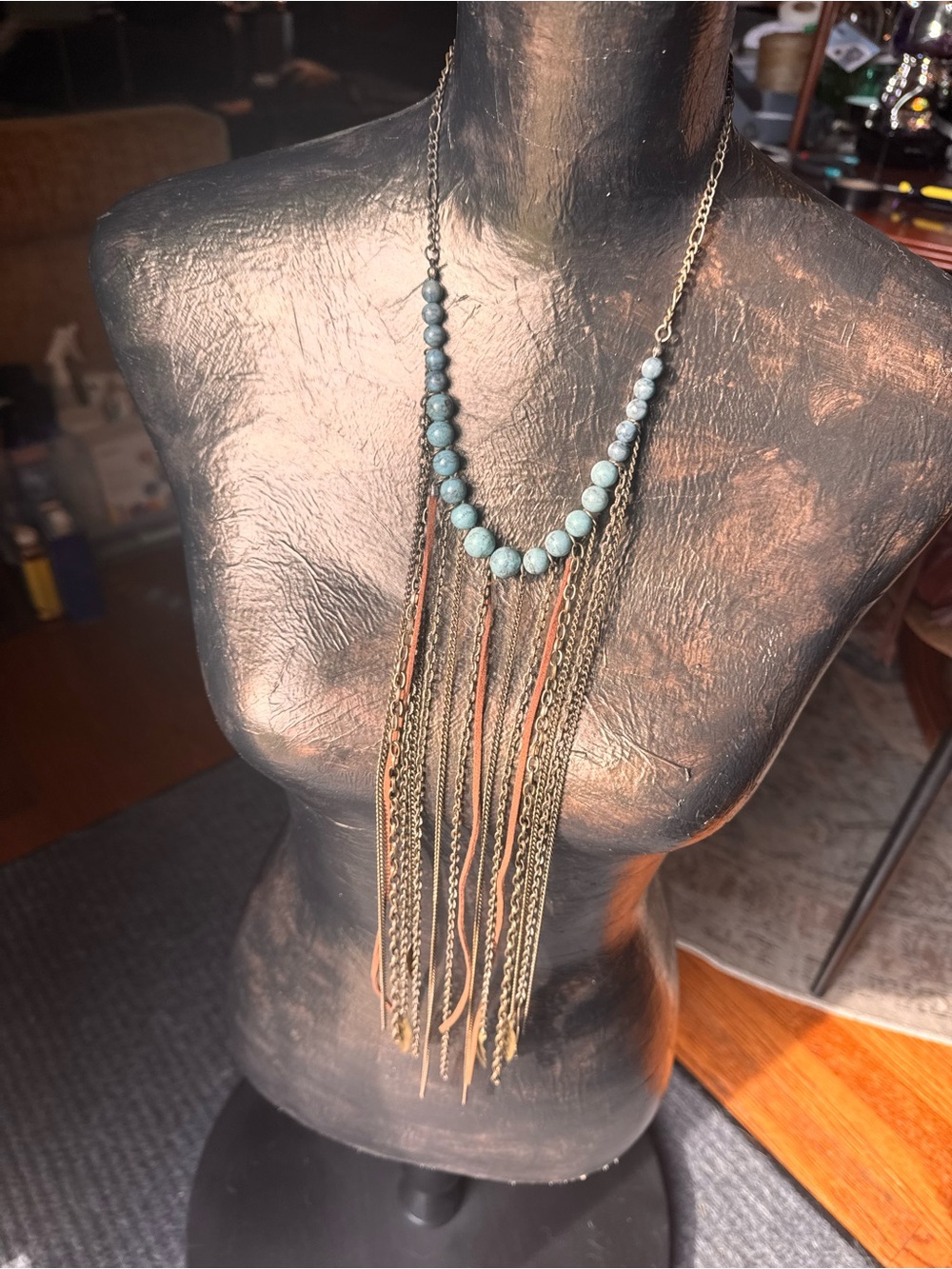 Bohemian Faux Turquoise and Chain Fringe Statement Necklace